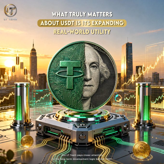 A digital promotional graphic featuring a Tether (USDT) coin atop a metallic tech platform, set against a city skyline with glowing green market charts and candlestick displays, overlaid with the text "WHAT TRULY MATTERS ABOUT USDT IS ITS EXPANDING REAL-WORLD UTILITY." The image reinforces the post's message by visually linking USDT's growth to global financial markets and business settlement infrastructure.