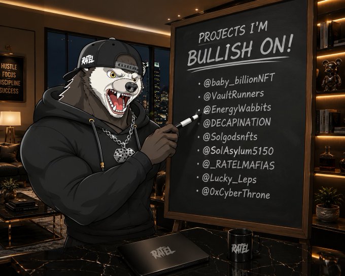 An illustrated anthropomorphic honey badger wearing a "RATEL" cap and hoodie, pointing at a chalkboard titled "PROJECTS I'M BULLISH ON!" listing various NFT project handles including @baby_billionNFT, @VaultRunners, and @EnergyWabbits.