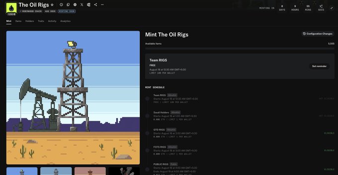 A screenshot from a webpage titled 'The Oil Rigs' showing an NFT mint interface with a pixel art image of an oil derrick and pumpjack, and a mint schedule for Team Rigs, Saudi Hidden, GTO Rigs, FCFS Rigs, and Public Rigs.