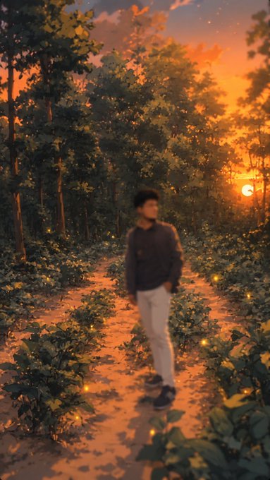An anime-style illustration of a young man walking through a forest at sunset, with glowing embers floating in the air.