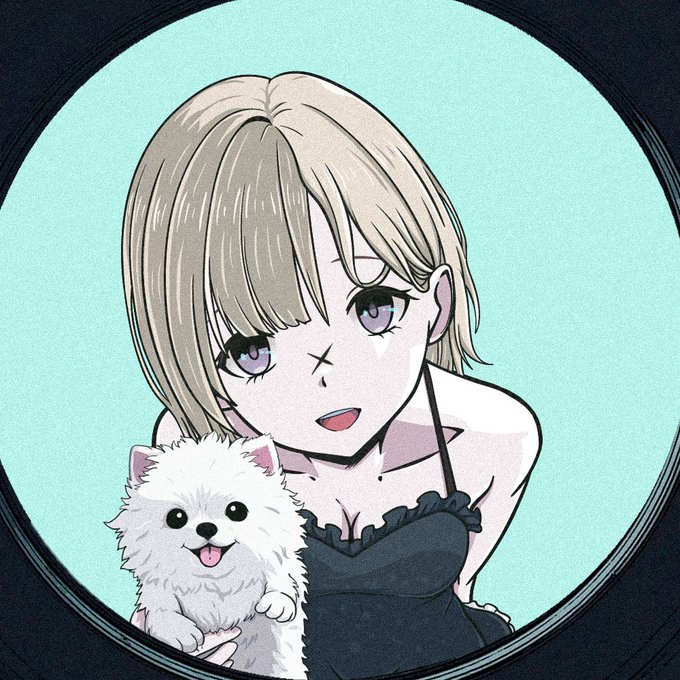 An anime-style illustration of a blonde-haired girl holding a fluffy white Pomeranian dog, framed within a circular border.