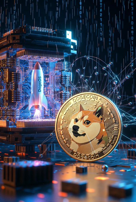 A crypto-themed digital artwork features a physical Dogecoin gold coin displayed alongside a rocket labeled 'DogeOS' launching from a server, with digital code raining down and network connection nodes glowing in a futuristic tech environment.