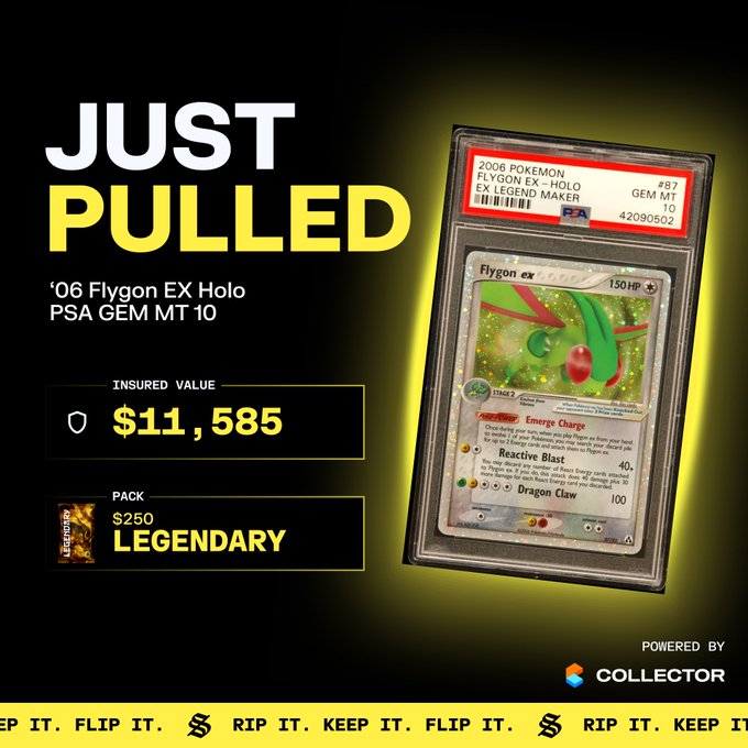 A promotional graphic announcing a pull of a 2006 Pokémon Flygon EX Holo (EX Legend Maker #87) graded PSA GEM MT 10, valued at $11,585 from a $250 Legendary pack. The image, powered by Collector, highlights the dramatic return on investment mentioned in the post, illustrating how a $250 Solflare Pack yielded a card worth nearly 46x its original cost.