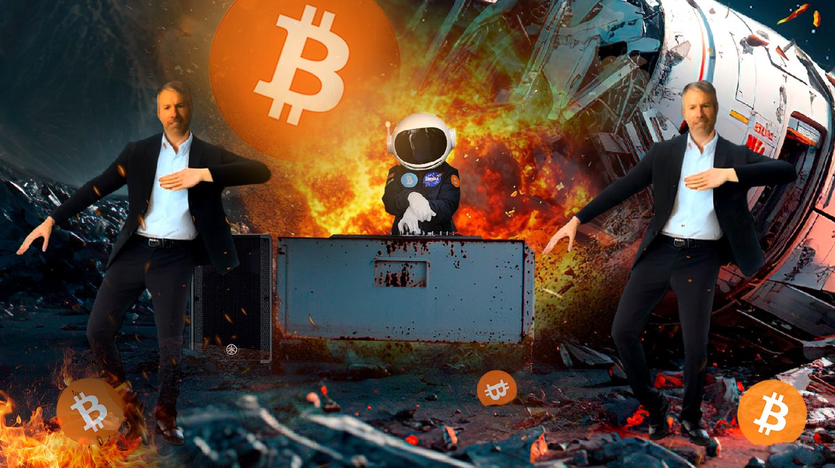 A dramatic digital artwork featuring two identical men in suits flanking an astronaut DJ, with a large Bitcoin logo and explosions in the background.
