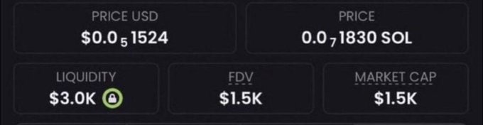 A cryptocurrency dashboard shows a token with a $0.0001524 price ($0.001830 SOL), $3.0K liquidity, $1.5K FDV, and $1.5K market cap, supporting the post's claim of finding a low-cap memecoin with 100x potential.