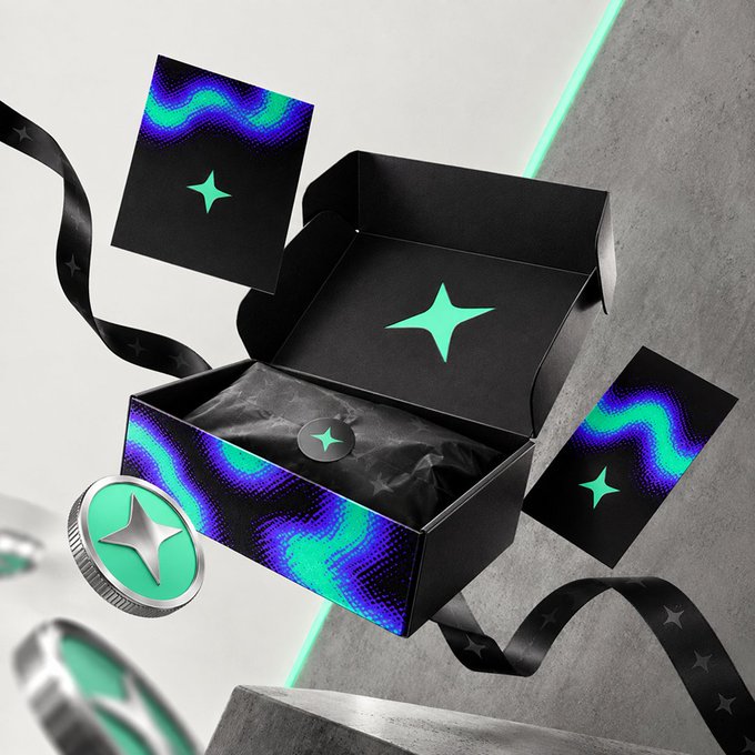 A black gift box decorated with glowing teal and purple wave patterns and star motifs opens to reveal a star emblem, surrounded by floating cards and ribbons, visually symbolizing the redeemable rewards and exclusive perks offered to holders of the $PERK token at perk.money.
