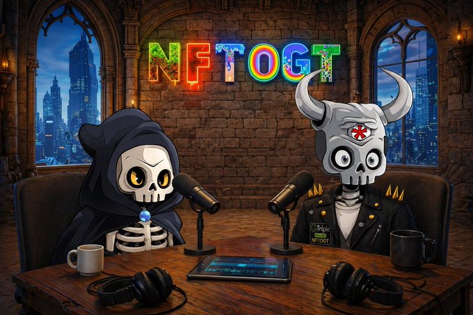 Two cartoon skeletons wearing hooded and horned helmets sit at a podcast table with microphones and headphones, beneath a colorful neon sign spelling "NFTFOGT" with a cityscape visible through gothic-style windows.