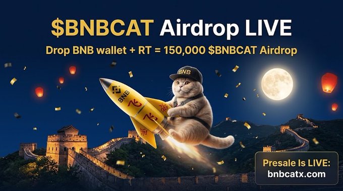 A promotional graphic for the $BNBCAT airdrop features a cat wearing a "BNB" cap riding a BNB-branded rocket over the Great Wall of China under a full moon with floating lanterns and confetti. The image advertises a 150,000 $BNBCAT airdrop for users who drop their BNB wallet and retweet, directing interested buyers to the presale at bnbcatx.com.