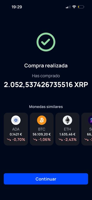The image shows a purchase confirmation screen for 2.052537426735516 XRP at a crypto exchange, with similar coins like ADA, BTC, and ETH displayed below. This aligns with the post, which celebrates making a significant XRP purchase before an anticipated price dip to €0.70, part of a broader DCA investment strategy.