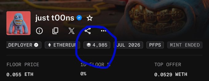 An NFT collection profile for 'just t00ns' on Ethereum showing a floor price of 0.055 ETH, top offer of 0.0529 WETH, with 4,985 items and mint ended.