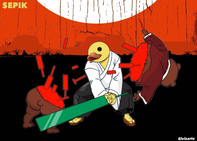 The image features a duck-headed character in a karate uniform wielding a green bat, splitting two bear figures in half against a red and black background with the text "$EPIK" in the top-left and "Elvisartz" signed in the bottom-right. This dynamic scene of defeating bears visually represents the bullish sentiment behind the post claiming nearly 80 million $EPIK tokens are now staked.