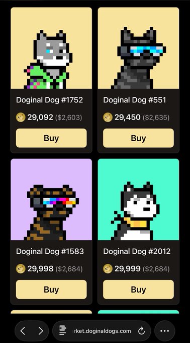 The image features a cell phone displaying four different images of dogs for sale, each at a different price. The text below the dog images indicates that these are digital artworks or pixel art representations of dogs, possibly created by the "Doginal Dogs" artist, who has made multiple posts in various places about his creations. The post states that this collection of dog images is not only gaining traction but is also priced differently each day, as indicated by the varying prices shown for each image.