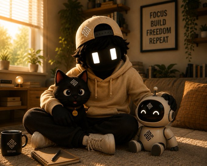 A digital/AI-rendered scene shows a hooded figure with a glowing face mask sitting on the floor of a cozy room, accompanied by a black cat and a small robot, with a poster on the wall reading "FOCUS BUILD FREEDOM REPEAT" and a mug labeled "RITUAL."