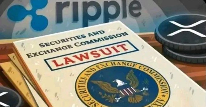 An illustration shows a 'SECURITIES AND EXCHANGE COMMISSION LAWSUIT' document with the SEC seal, alongside Ripple and XRP cryptocurrency logos in the background.