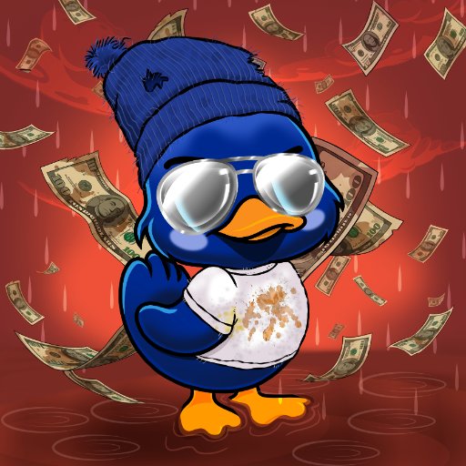Digital illustration of a blue penguin character wearing a beanie, sunglasses, and a stained white shirt, surrounded by falling hundred-dollar bills.