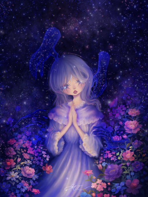 A digital illustration depicts an ethereal anime-style figure with pale purple hair, closed eyes, and hands clasped in prayer, surrounded by dark blue hands reaching up from a vibrant bed of flowers against a starry night sky background.