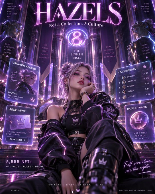The promotional graphic for "HAZELS" features a futuristic, purple-toned design with a central female figure and showcases "THE EIGHTH RISE," highlighting key elements like "CREATOR ACCESS," "FREE MINT," a "LEADERBOARD" with top spots (Creators 12.4K, Dreamers 9.8K), and "5,555 NFTs," visually reinforcing the caption's message of a culture-driven NFT ecosystem beyond simple ownership.