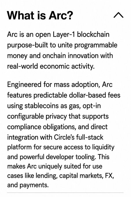 An informational text panel titled 'What is Arc?' describing it as an open Layer-1 blockchain designed for stablecoin-based fees, configurable privacy, and integration with Circle's platform for lending, FX, and payments.