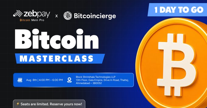 Promotional banner for a "Bitcoin Masterclass" event presented by Zebpay and Bitcoincierge, scheduled for August 8th from 4:00 PM to 6:00 PM at Block Shrinhala Technologies LLP in Ahmedabad, with "1 Day to Go" countdown and limited seats remaining.

The image visually reinforces the post's message by emphasizing the urgency ("1 Day to Go," "Seats are limited. Reserve yours now!") and providing event details to encourage last-minute registrations for tomorrow's Ahmedabad Bitcoin Masterclass.