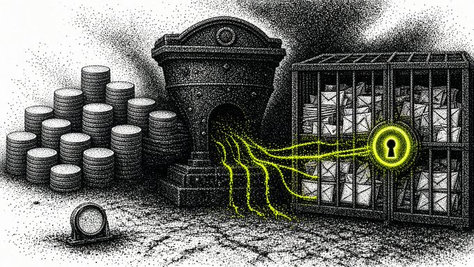 An illustration depicts stacks of coins next to a furnace and a cage of bags, with glowing yellow lines connecting to a keyhole symbol, suggesting a financial or security concept.