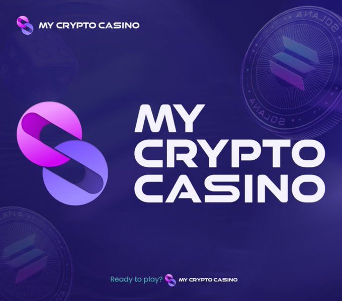 A promotional banner for 'MY CRYPTO CASINO' with a purple background featuring Solana coin graphics and the text 'Ready to play?'
