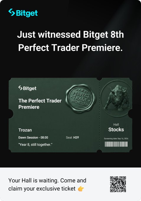 A promotional image from Bitget advertising 'The Perfect Trader Premiere,' featuring a ticket for 'Trozan' at Seat H39, Hall Stocks, with a screening date of Sep 14, 2024.