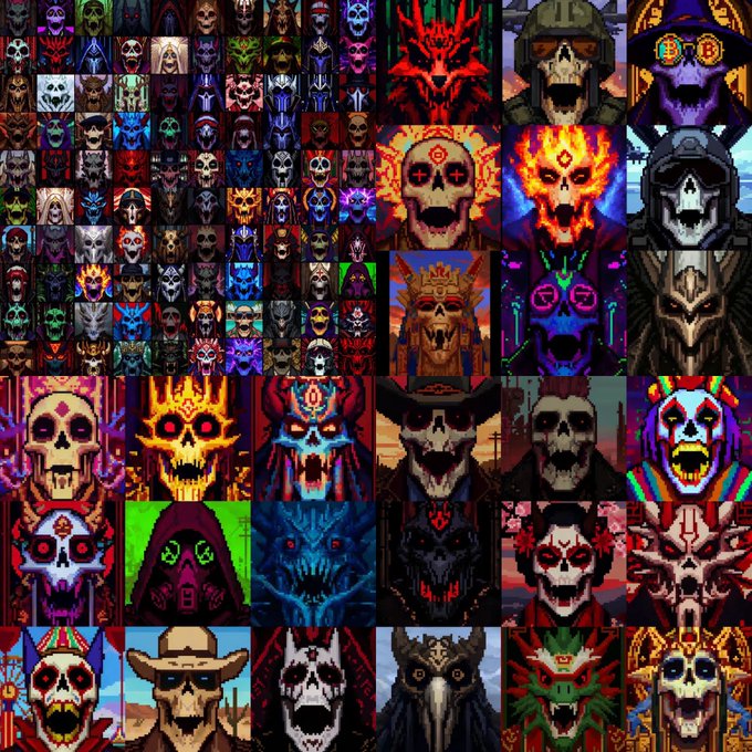 A collage of pixel-art style skull and demonic character portraits arranged in a grid with vibrant colors.