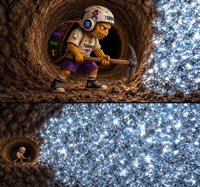 A stylized illustration of a cartoon miner character wearing a 'TURBO' helmet and shirt, carrying a backpack and pickaxe, standing at the entrance of a dirt tunnel, with a large pile of sparkling crystals/diamonds visible on the right side.
