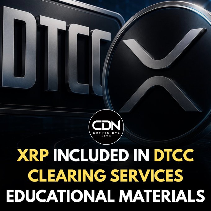 The image features the DTCC and XRP logos alongside a "CDN Crypto Dyl News" watermark, with bold yellow and white text reading "XRP INCLUDED IN DTCC CLEARING SERVICES EDUCATIONAL MATERIALS." This visually supports the post's claim that DTCC has incorporated XRP into its clearing services educational materials, aligning with the bullish "$2,000" price sentiment.
