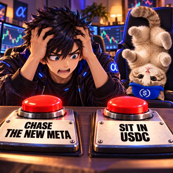 An anime-style trader clutching his head in panic sits between two glowing red buttons—one labeled "CHASE THE NEW META" and the other "SIT IN USDC"—while a cat wearing a USDC-themed bandana hangs upside down beside him. The image humorously reflects the post's dilemma of choosing between chasing volatile meme coin hype or holding stable USDC, after the Circle team's public openness to meme and culture coin activity.