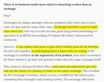 A text excerpt discusses exchange business models and the need to make users rich, with highlighted sections emphasizing early cash liquidity and user trading advantages.