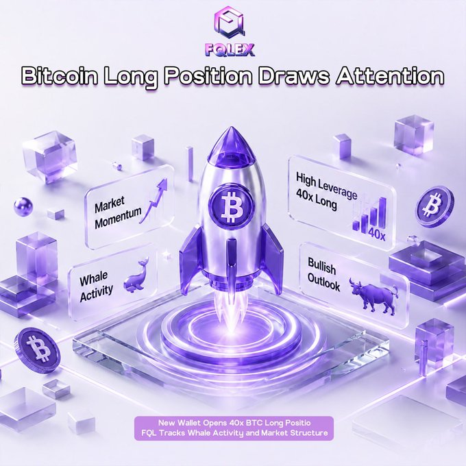 The image is a promotional graphic for FQL Exchange featuring a purple rocket with a Bitcoin symbol launching from a glowing platform, accompanied by labels reading "Market Momentum," "Whale Activity," "High Leverage 40x Long," and "Bullish Outlook." At the top, the headline states "Bitcoin Long Position Draws Attention," while the bottom banner reads "New Wallet Opens 40x BTC Long Position / FQL Tracks Whale Activity and Market Structure," visually reinforcing the post's alert about a new high-leverage long position and potential BTC momentum move.