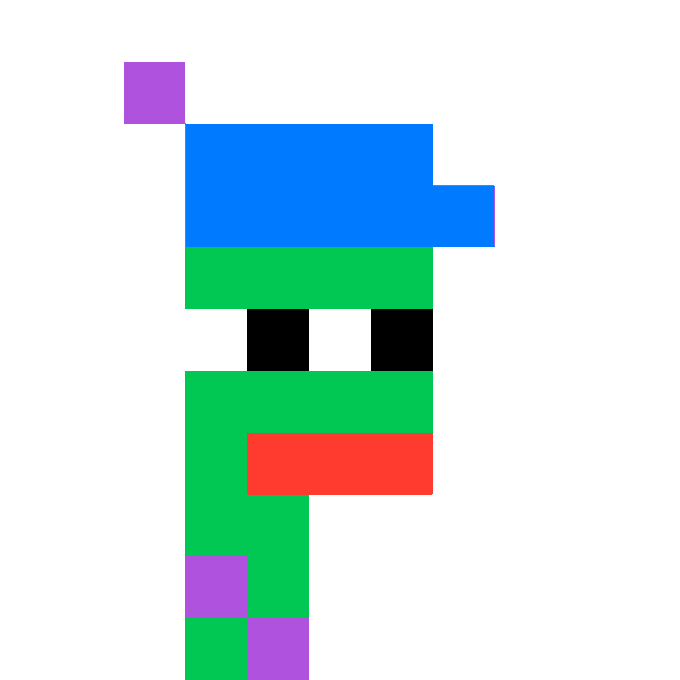 A pixelated, blocky illustration of a green character with a blue hat, large black eyes, and a red mouth, resembling a retro video game sprite.