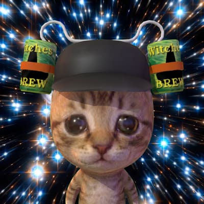 A digitally edited meme-style image of a cat with large tearful eyes wearing a black cap and carrying two 'Witches Brew' cans on its back, set against a cosmic space background.
