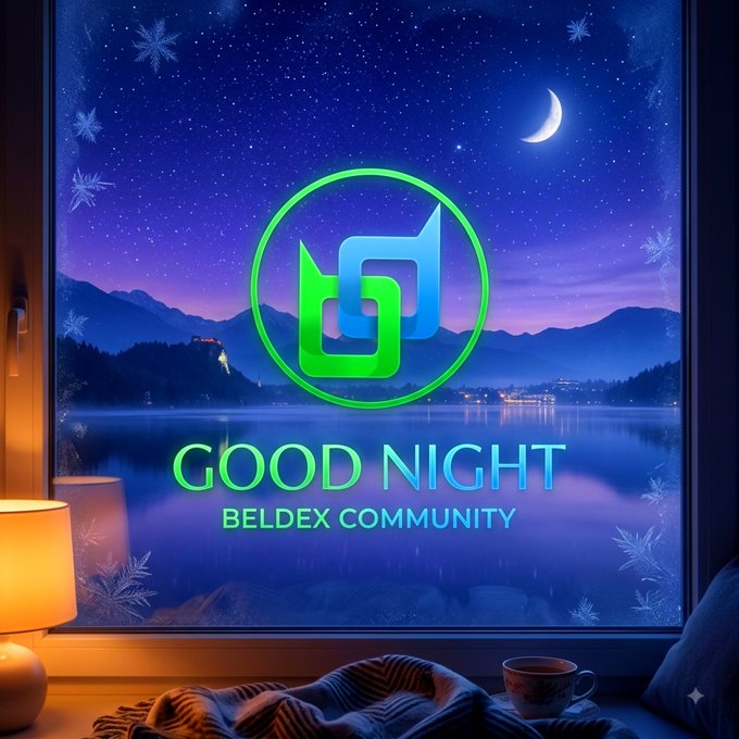 BELDEX 'GOOD NIGHT' community graphic showing the Beldex logo over a nighttime lakeside scene with mountains, a crescent moon, and stars, viewed through a window with a lamp and coffee mug.