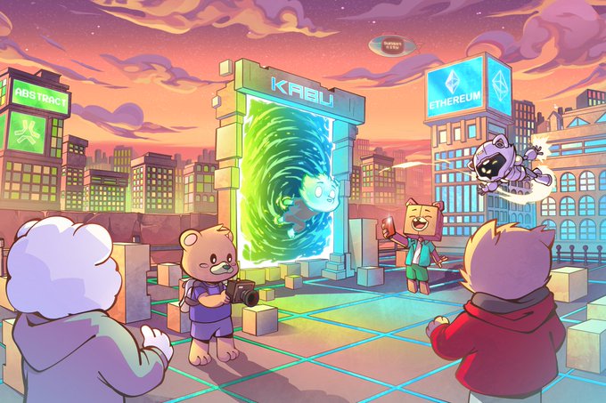A vibrant cartoon scene depicts various animal characters—rams, bears, and cats—gathered around a glowing green portal labeled "KABU" in a cityscape featuring "ABSTRACT" and "ETHEREUM" branded buildings, symbolizing the Kabu NFT project's mainnet launch. A astronaut bear floats nearby while a photographer bear captures the moment, celebrating the milestone mentioned in the post.