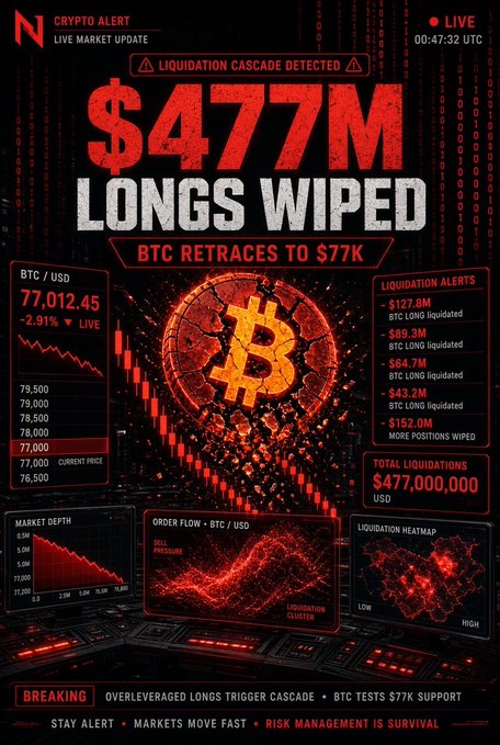 A crypto alert graphic warns of a '$477M LONGS WIPED' liquidation cascade, showing BTC/USD at 77,012.45 and BTC retracing to $77K.