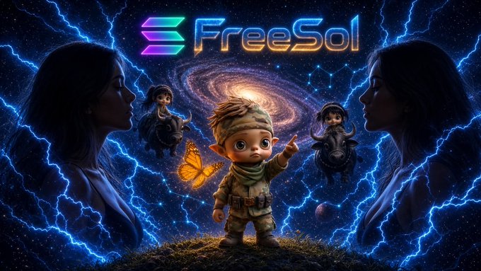 abstract collage featuring a galaxy background, an elven boy holding a butterfly, two shadowy profiles, and a "FreeSol" logo.