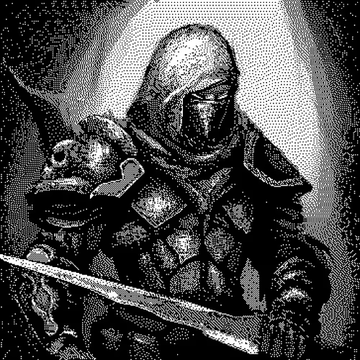 A black-and-white stippled/dot-matrix style illustration depicts a hooded armored knight holding a sword, with a skull motif on the shoulder pauldron.