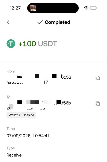 A mobile app screen showing a completed transaction of +100 USDT received by 'Wallet A - Jessica' on 07/09/2026 at 10:54:41.