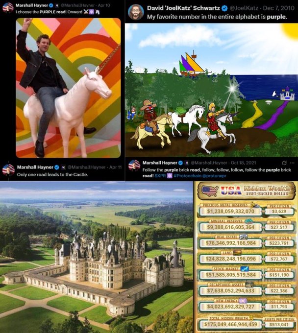 A collage of social media posts from Marshall Hayner about 'the purple road,' featuring images of a man on a unicorn, knights on horseback, a castle, and statistics for 'Purple WorldCoin.'