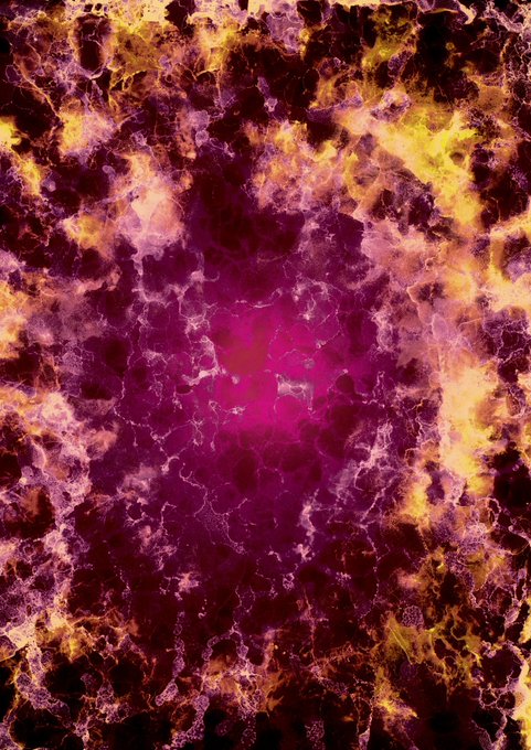 An abstract image displays a swirling, textured pattern of deep purple and bright yellow-orange hues with a bright pink center.