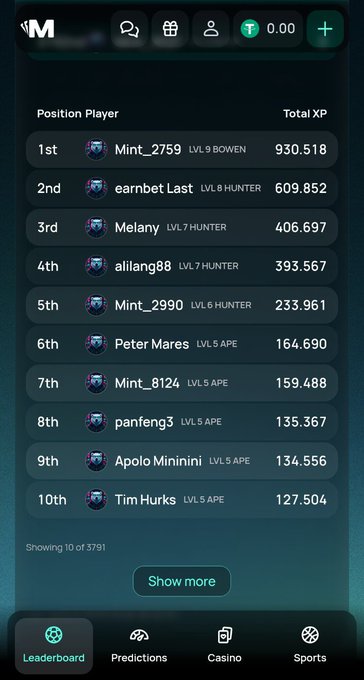 A mobile app leaderboard screen shows top players ranked by Total XP, led by 'Mint_2759' (930,518 XP) as a Level 9 BOWEN, followed by 'earnbet Last' (609,852 XP) as Level 8 HUNTER.