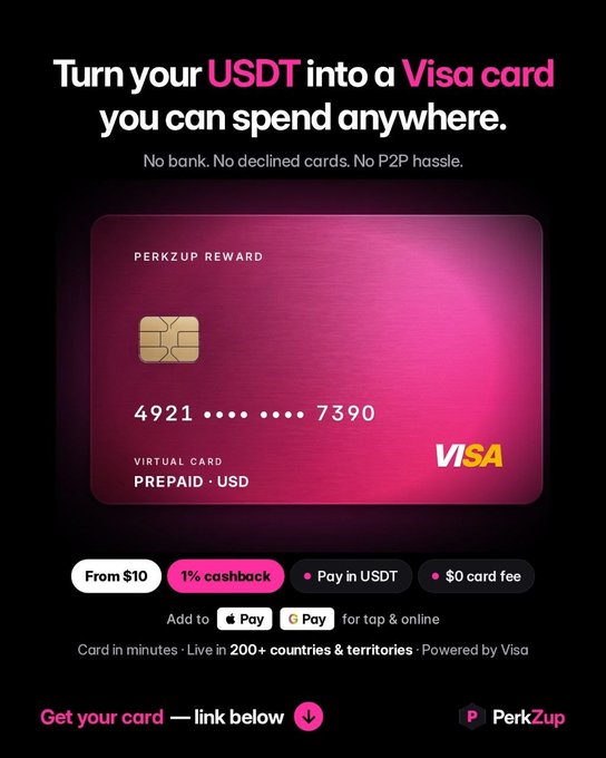 An advertisement for PerkZup showing a pink Visa virtual card with the text 'Turn your USDT into a Visa card you can spend anywhere' and features like '1% cashback' and '$0 card fee'.