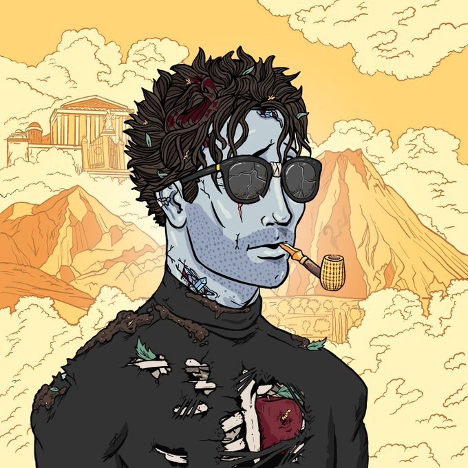 A stylized illustration of a blue-skinned man with messy dark hair, cracked sunglasses, and a smoking pipe, wearing a tattered black shirt against a Greek mythological landscape with the Parthenon in the background.