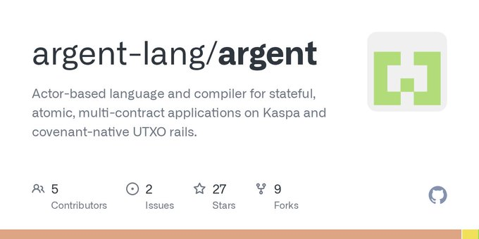 A GitHub repository header for 'argent-lang/argent' described as an 'Actor-based language and compiler for stateful, atomic, multi-contract applications on Kaspa and covenant-native UTXO rails,' showing 5 contributors, 2 issues, 27 stars, and 9 forks.