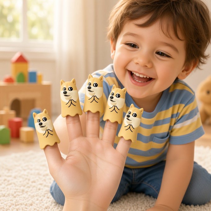 A cheerful young boy with brown hair, wearing a blue and yellow striped shirt, smiling broadly while wearing four cute dog-faced finger puppets on his hand, with wooden toy blocks in the background.
