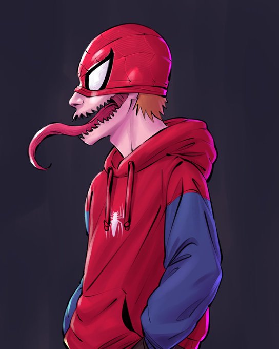 An anime-style illustration of a character wearing a red and blue Spider-Man mask and hoodie, with a long, sharp-toothed tongue extending from the mouth.