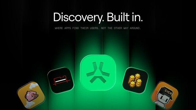 The image displays the text "Discovery. Built in." with the tagline "WHERE APPS FIND THEIR USERS, NOT THE OTHER WAY AROUND," alongside a glowing green Abstract app icon surrounded by smaller app icons. This visually reinforces the post's message about Abstract's platform helping new apps overcome cold start challenges by enabling user discovery, with the featured @playcambria game achieving $10M in volume through this built-in visibility.