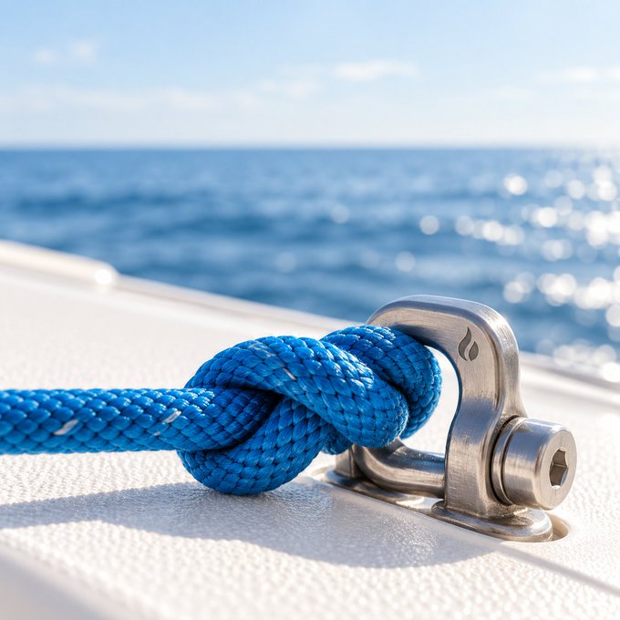 A blue rope is securely fastened with a knot to a stainless steel cleat on the deck of a boat, with calm ocean waters stretching into the horizon. The image perfectly complements the post's message about "buckling up" a good mood and setting off on a journey, symbolizing readiness and adventure on the open sea.